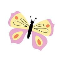 bonita mariposa moderna en un estilo plano dibujado a mano. ilustración vectorial aislada en un fondo blanco. colorido insecto mariposa amarilla y rosa vector