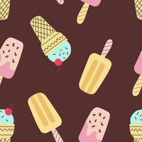 Bright seamless pattern different ice cream in a cute hand-drawn style. Vector brown background