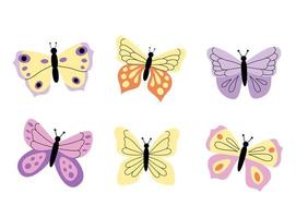 A set of modern butterflies in a hand-drawn flat style. Vector illustrations isolated on a white background. Colorful different insects butterflies