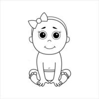 una niña bebé con arco está sentada. caracteres vectoriales en estilo de línea o garabato. perfecto para una postal, una tienda infantil o un libro infantil vector