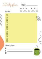 A vertical sheet with the daily plan and meal plan. Vector template with abstract and line elements. Perfect for a notebook or diary