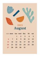 The page with the month August 2023 with abstract organic shapes in muted tones. Vertical poster in aesthetic style in pastel colors. Vector illustration design