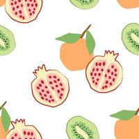 Abstract seamless pattern with tangerines, pomegranatess and kiwi in flat style. Vector wallpaper on a white background. Perfect for textiles or surface design