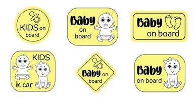 A set of warning signs stickers a baby in the car. Vector illustration on a yellow background in a cute doodle style