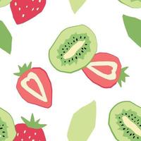 Abstract seamless pattern with strawberry and kiwi in flat style. Vector wallpaper on a white background. Perfect for textiles or surface design