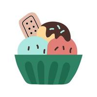 Multicolored ice cream in bowl with strawberry, biscuit and chocolate topping and chocolate. Cute vector illustration in a hand-drawn flat style isolated on a white background