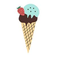 cono de galleta de helado de menta y chocolate con fresa en un estilo plano dibujado a mano. linda ilustración vectorial aislada en un fondo blanco vector