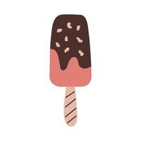 Pink and brown ice cream popsicle on a stick with chocolate and huts. Cute vector illustration in flat hand drawn style isolated on a white background