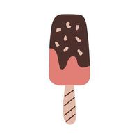 Pink and brown ice cream popsicle on a stick with chocolate and huts. Cute vector illustration in flat hand drawn style isolated on a white background