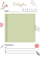 A vertical sheet with the planning of the day. Vector template with flowers and leaves. Perfect for a notebook or diary