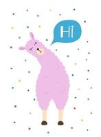 A pink llama with a hi phrase. vector