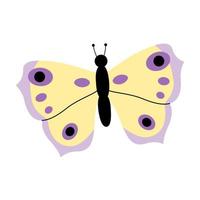 bonita mariposa moderna en un estilo plano dibujado a mano. ilustración vectorial aislada en un fondo blanco. colorido amarillo lila insecto mariposa vector