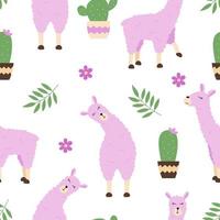 Seamless pattern with pink llamas, cacti and leaves on a white background. vector