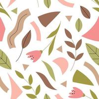 Botanical seamless pattern with abstract elements on a white background. Rose background with flowers and foliage in muted shades. Perfect for clothing design, textiles, wallpaper, notebooks vector