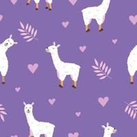 Seamless pattern with different llamas on a purple background with leaves and hearts. vector