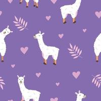 patrón impecable con diferentes llamas sobre un fondo morado con hojas y corazones. vector