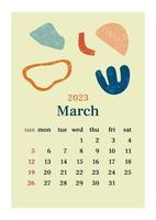 The page with the month March 2023 with abstract organic shapes in muted tones. Vertical poster in a aesthetic style. Vector illustration design