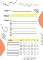 A vertical sheet with the planning of the week. Vector template with abstract and linear elements. Perfect for a notebook or diary