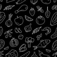 A doodle-style pattern with food products on a black background vector