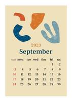 The page with the month September 2023 with abstract organic shapes in muted tones. Vertical poster in aesthetic style in pastel colors. Vector illustration design