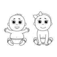 A boy and a girl are happy kids sitting. Vector characters in line or doodle style style. Perfect for a postcard, a children's store or a children's book