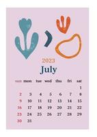 The page with the month July 2023 with abstract organic shapes in muted tones. Vertical poster in aesthetic style in pastel colors. Vector illustration design