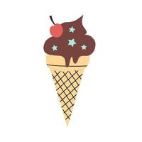 Chocolate ice cream waffle cone with cherry and topping in a hand-drawn flat style. Cute vector illustration isolated on a white background