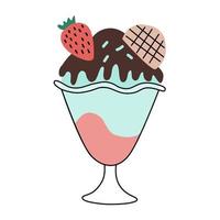 Multicolored ice cream in glass bowl with strawberry, biscuit and chocolate topping and chocolate. Cute vector illustration in a hand-drawn flat style isolated on a white background