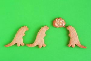 Homemade cookies in shapes of dinosaurs with inscription - Stay home - on green background, top view. Sweet shortbread with white glaze. Social distancing concept. photo