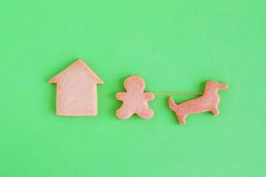 Homemade shortbread cookies on green background, top view. Man and dog near house. photo