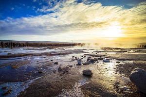 Strokkur, one of the most famous geysers located in a geothermal area beside the Hvita River in the southwest part of Iceland, erupting once every 6-10 minutes