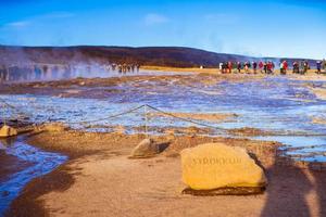 Strokkur, one of the most famous geysers located in a geothermal area beside the Hvita River in the southwest part of Iceland, erupting once every 6-10 minutes