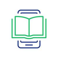 icono de línea de libro electrónico en el teléfono móvil. dispositivo de libro electrónico para la educación y el aprendizaje. Lector de libros electrónicos, icono lineal del lector electrónico. teléfono inteligente con pictograma de libro electrónico abierto. trazo editable. ilustración vectorial vector