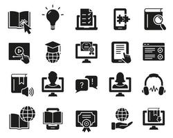 Digital Study in Computer Courses Silhouette Icon Set. Online Education in University and School Glyph Pictogram. Web Book, Technology E Learning Library Symbol. Isolated Vector Illustration.