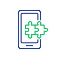 Mobile Phone with Puzzle Line Icon. Jigsaw in Smartphone Mobile App Linear Pictogram. Digital Game Cell Phone Success Outline Icon. Puzzle Application. Editable Stroke. Isolated Vector Illustration.