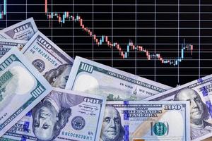 US dollar banknote stacks over digital screen with exchange chart, depreciation and volatility concept, directly above view photo