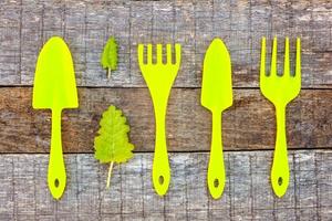 Gardening Tools on wooden background photo