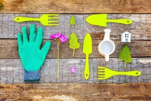 Gardening Tools on wooden background photo
