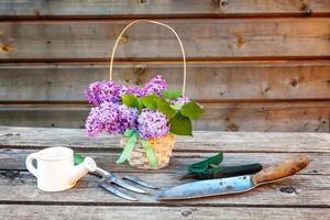Gardening tools, watering can, shovel, spade, pruner, rake, glove, lilac flowers on vintage wooden table. Spring or summer in the garden, eco, nature, horticulture hobby concept background. photo