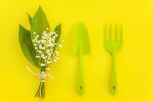 Flat Lay with gardening tools on yellow background photo