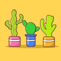 Three cactus with different shape and color in a pot vector