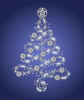 Silver christmas tree made of dotted line with silver gears, sparkles, little scattered stars on a blue background in steampunk style. vector