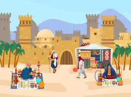Vector illustration of Middle Eastern scene. Castle with towers and gates. Arabian houses. Street trade. Man smoking hookah. Veiled woman sells jewelry and ceramics. Desert landscape. Flat style.