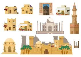 Vector set of arabic architecture. Houses, Taj Mahal, rotunda, castle, towers, market building, gates, well. Mud brick buildings. Flat style.