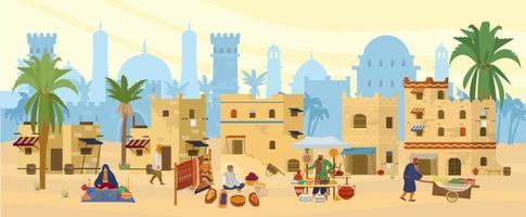 Vector Flat illustration of Middle Eastern Town. Arabic desert landscape with traditional mud brick houses and people. Street Bazaar With Carpets, ceramics, fruits, spices. Islamic Architecture.