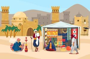 Vector illustration of Middle Eastern scene. Arabian people in marketplace with ancient city at the background. Street shop with carpets, fabrics, jewelry, ceramics. Veiled woman, man smoking hookah.