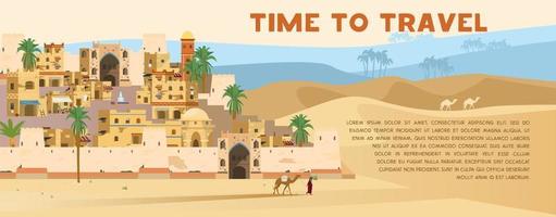 Time To Travel Vector Banner With illustration of Ancient Arabic Town In desert landscape with traditional mud brick houses, palms, bedouin with camel. Flat Design.