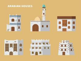 Authentic Ancient Arabian Houses Flat Vector Illustrations Set. Isolated On Beige Background.