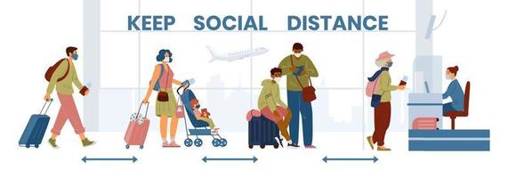 mantenga la distancia social en la pancarta del aeropuerto con personas haciendo fila para registrarse con máscaras. diseño vectorial plano. vector