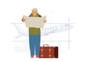 Elderly Man With Suitcase Holding Map Standing In Airport. Flat Vector Illustration.